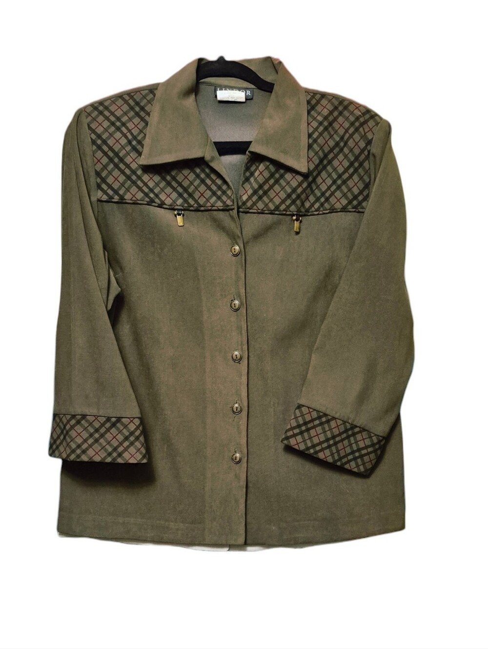 Women's Olive Button-Front Shirt with Plaid Trim